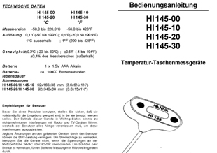 Die Bedienungsanleitung in deutsch von dem Hanna HI145-00 Hanna T-förmiges Thermometer mit 125mm Fühler als PDF-Datei zum herunterladen und ausdrucken.