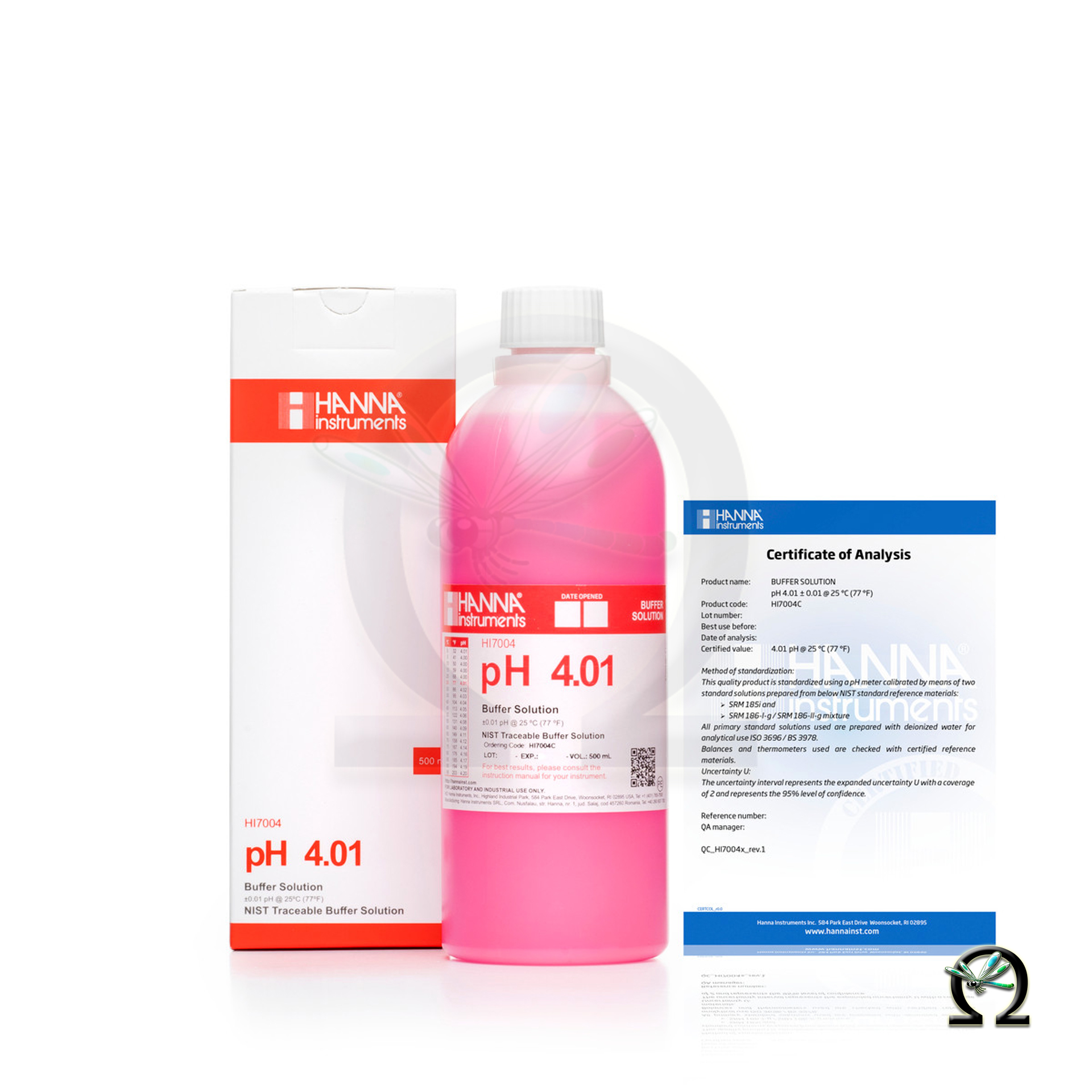 HI7004C Hanna Pufferlösung pH 4,01 500 mL rot farbcodiert mit Analysezertifikat