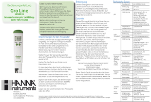 HI98131 Hanna pH-/Leitfähigkeits-/TDS-Tester, Bedienungsanleitung in deutsch als PDF-Datei zum herunterladen und ausdrucken.