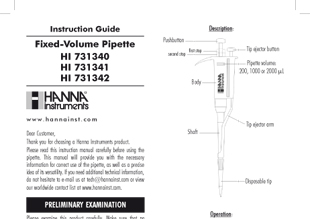 Die Bedienungsanleitung in englisch für die HI731342 Hanna Automatische Messpipette Fixvolumen 2000 µL als PDF zum herunterladen und ausdrucken
